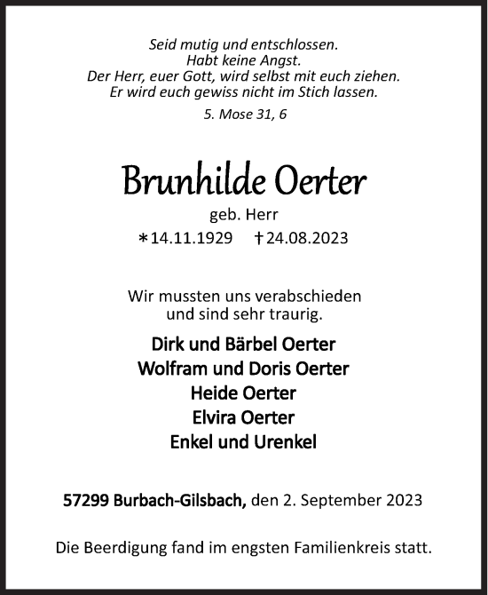 Traueranzeige von Brunhilde Oerter von Siegener Zeitung