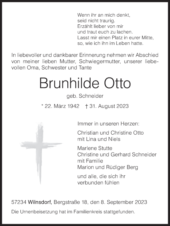 Traueranzeige von Brunhilde Otto von Siegener Zeitung