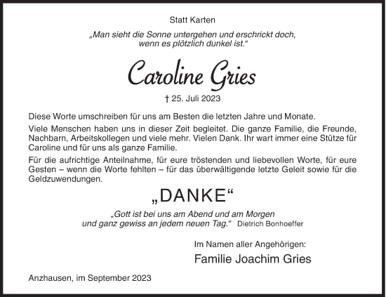 Traueranzeige von Caroline Gries von Siegener Zeitung