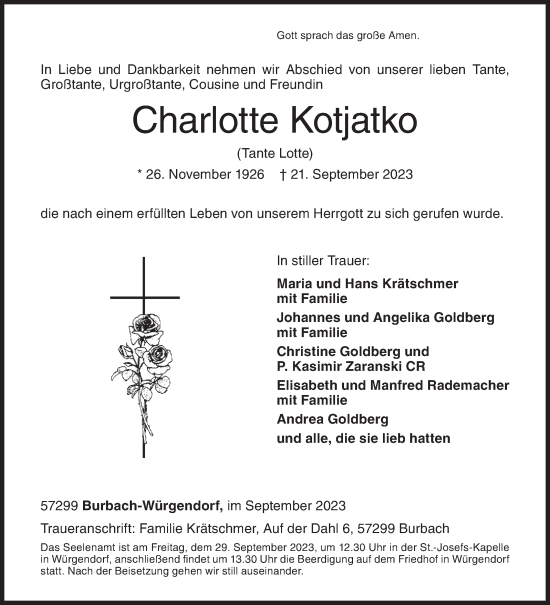 Traueranzeige von Charlotte Kotjatko von Siegener Zeitung