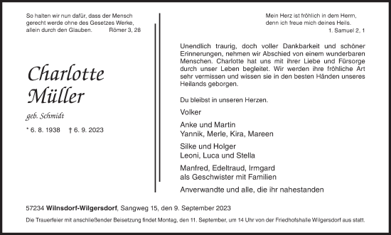 Traueranzeige von Charlotte Müller von Siegener Zeitung