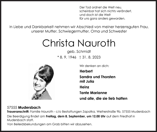 Traueranzeige von Christa Nauroth von Siegener Zeitung