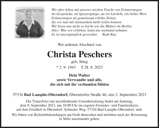 Traueranzeige von Christa Peschers von Siegener Zeitung