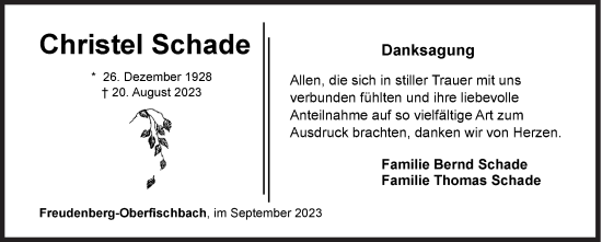 Traueranzeige von Christel Schade von Siegener Zeitung