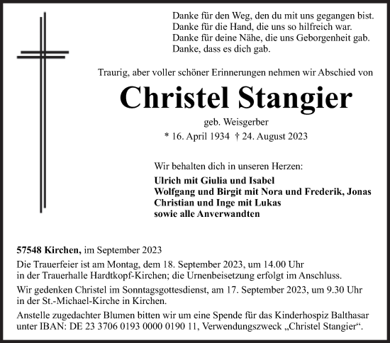 Traueranzeige von Christel Stangier von Siegener Zeitung