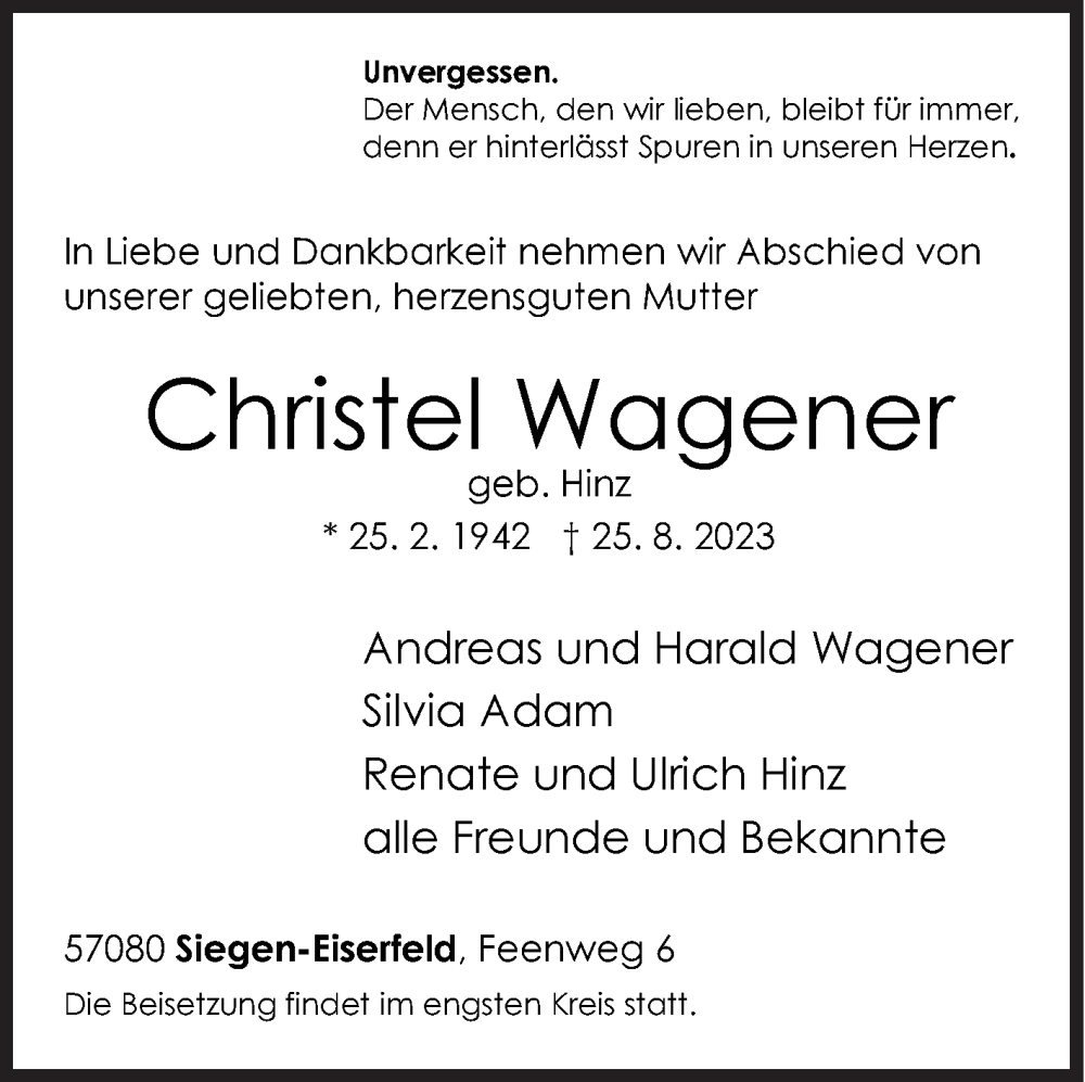  Traueranzeige für Christel Wagener vom 15.09.2023 aus Siegener Zeitung