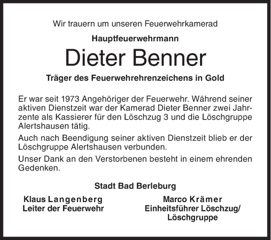 Traueranzeige von Dieter Benner von Siegener Zeitung