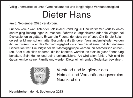 Traueranzeige von Dieter Hans von Siegener Zeitung