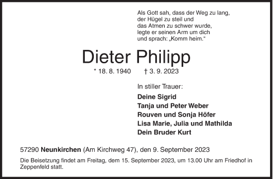 Traueranzeige von Dieter Philipp von Siegener Zeitung