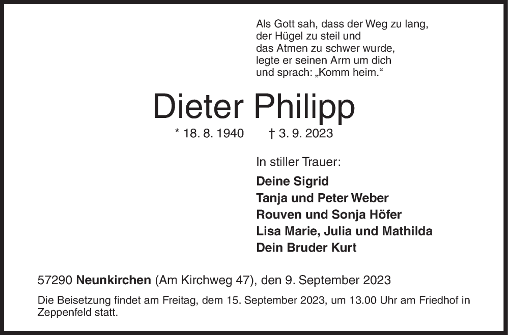  Traueranzeige für Dieter Philipp vom 09.09.2023 aus Siegener Zeitung