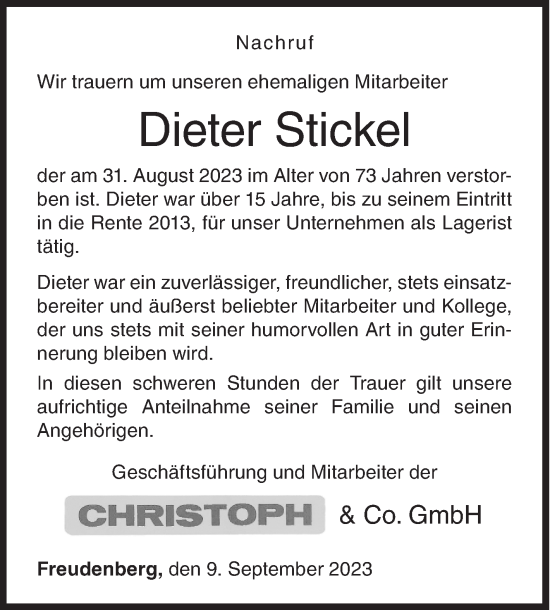 Traueranzeige von Dieter Stickel von Siegener Zeitung