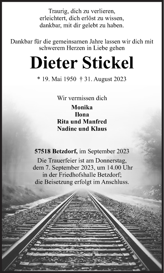 Traueranzeige von Dieter Stickel von Siegener Zeitung