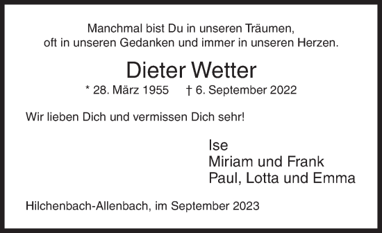 Traueranzeige von Dieter Wetter von Siegener Zeitung