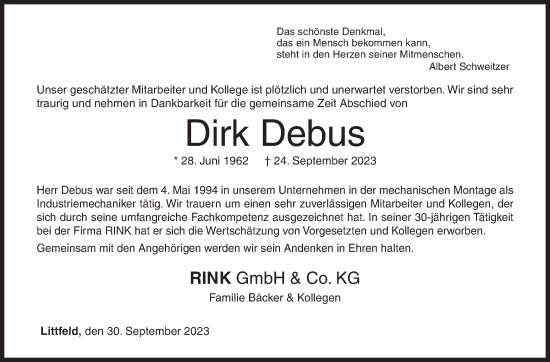 Traueranzeige von Dirk Debus von Siegener Zeitung
