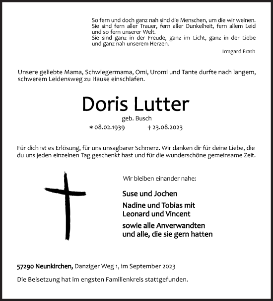Traueranzeige von Doris Lutter von Siegener Zeitung