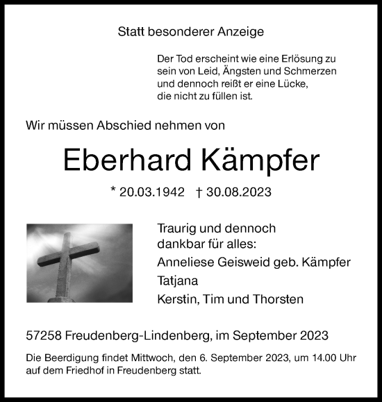Traueranzeige von Eberhard Kämpfer von Siegener Zeitung