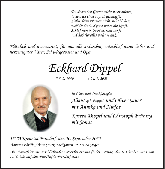 Traueranzeige von Eckhard Dippel von Siegener Zeitung
