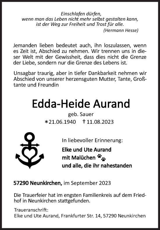 Traueranzeige von Edda-Heide Aurand von Siegener Zeitung
