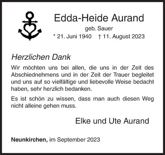 Traueranzeige von Edda-Heide Aurand von Siegener Zeitung