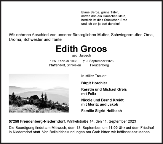 Traueranzeige von Edith Groos von Siegener Zeitung