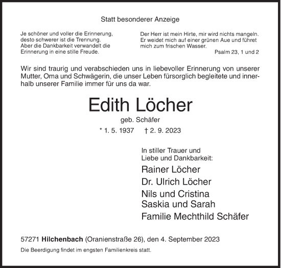 Traueranzeige von Edith Löcher von Siegener Zeitung