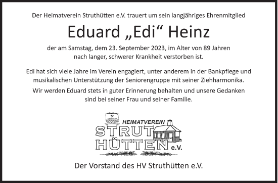 Traueranzeige von Eduard Heinz von Siegener Zeitung