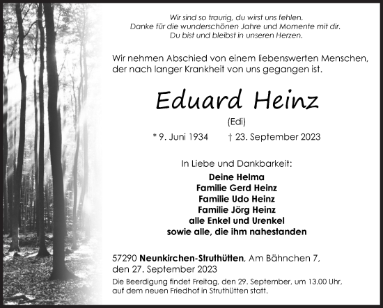 Traueranzeige von Eduard Heinz von Siegener Zeitung