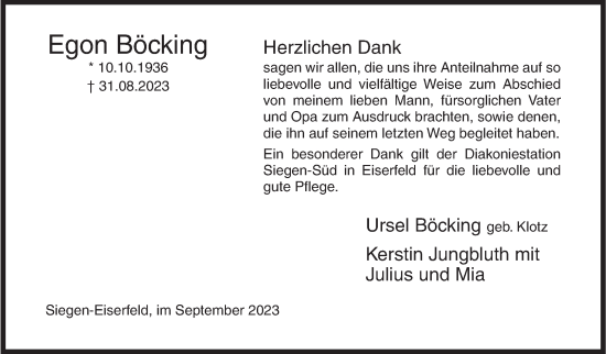 Traueranzeige von Egon Böcking von Siegener Zeitung