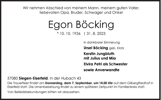 Traueranzeige von Egon Böcking von Siegener Zeitung