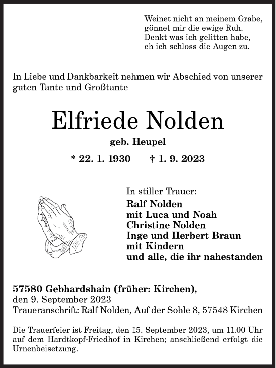 Traueranzeige von Elfriede Nolden von Siegener Zeitung