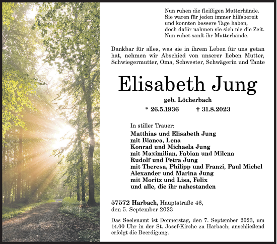 Traueranzeige von Elisabeth Jung von Siegener Zeitung