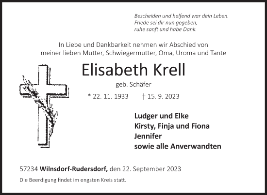 Traueranzeige von Elisabeth Krell von Siegener Zeitung
