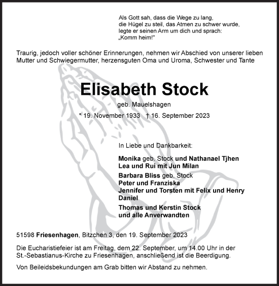Traueranzeige von Elisabeth Stock von Siegener Zeitung