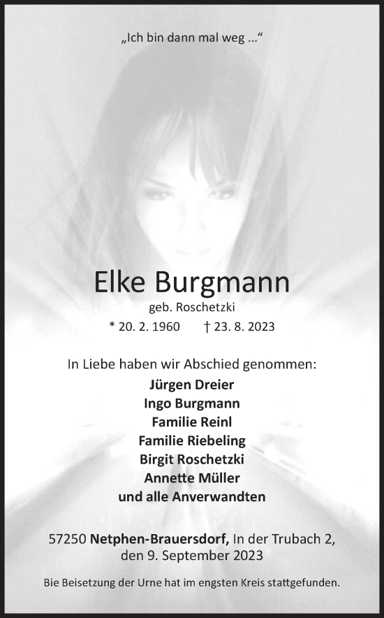 Traueranzeige von Elke Burgmann von Siegener Zeitung