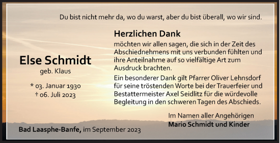 Traueranzeige von Else Schmidt von Siegener Zeitung
