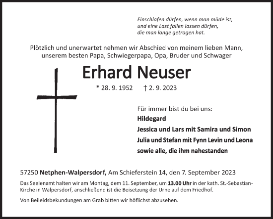 Traueranzeige von Erhard Neuser von Siegener Zeitung