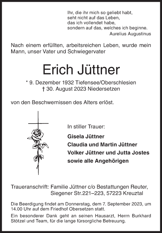 Traueranzeige von Erich Jüttner von Siegener Zeitung