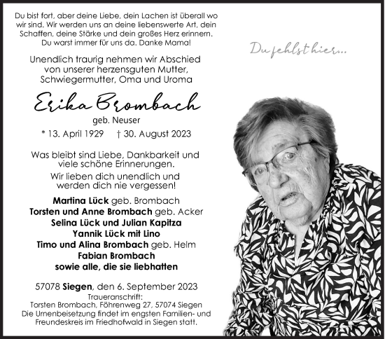 Traueranzeige von Erika Brombach von Siegener Zeitung