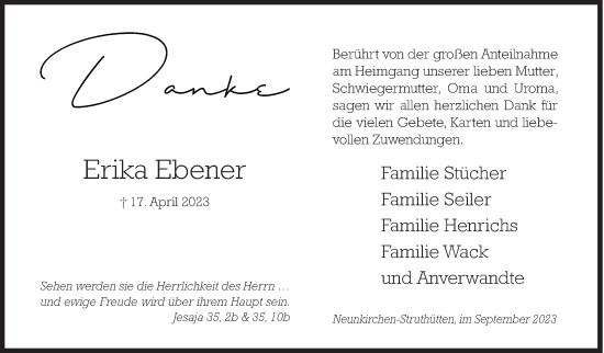 Traueranzeige von Erika Ebener von Siegener Zeitung