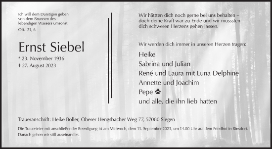 Traueranzeige von Ernst Siebel von Siegener Zeitung