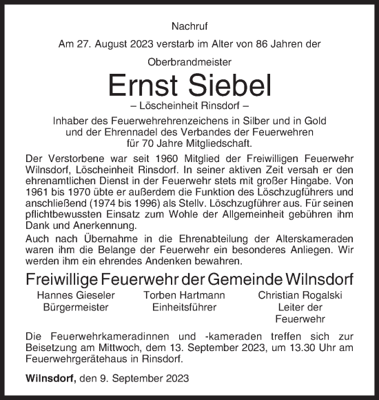 Traueranzeige von Ernst Siebel von Siegener Zeitung