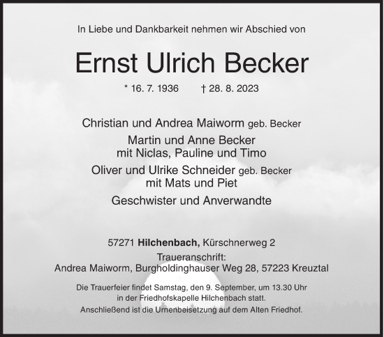 Traueranzeige von Ernst Ulrich Becker von Siegener Zeitung