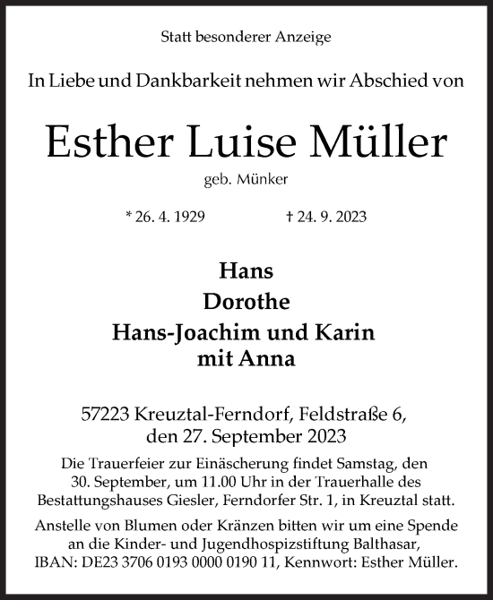 Traueranzeige von Esther Luise Müller von Siegener Zeitung