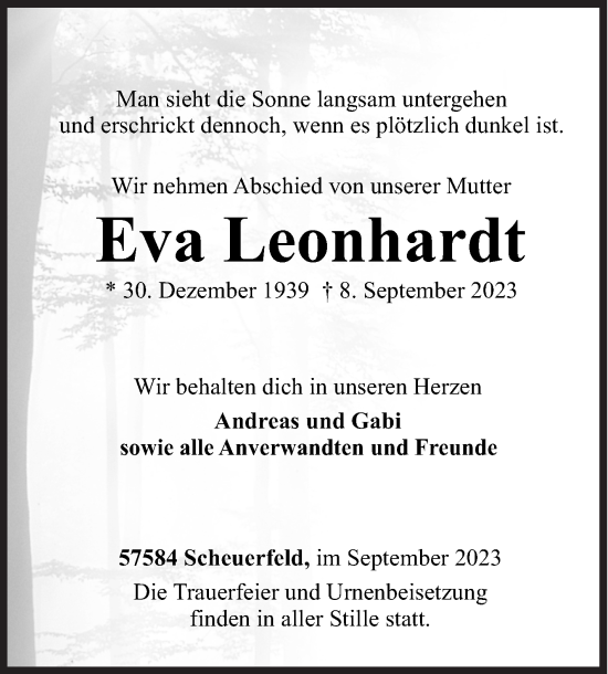 Traueranzeige von Eva Leonhardt von Siegener Zeitung