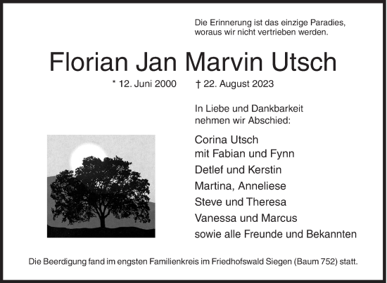 Traueranzeige von Florian Jan Marvin Utsch von Siegener Zeitung