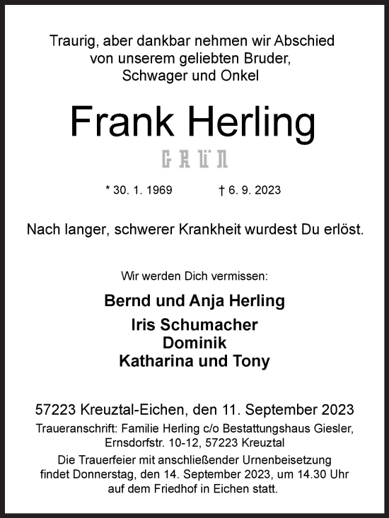 Traueranzeige von Frank Herling von Siegener Zeitung