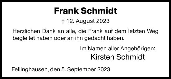 Traueranzeige von Frank Schmidt von Siegener Zeitung