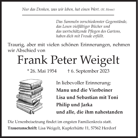 Traueranzeige von Frank Peter Weigelt von Siegener Zeitung