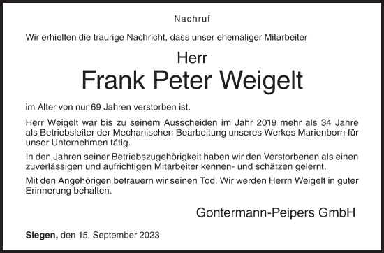 Traueranzeige von Frank Peter Weigelt von Siegener Zeitung