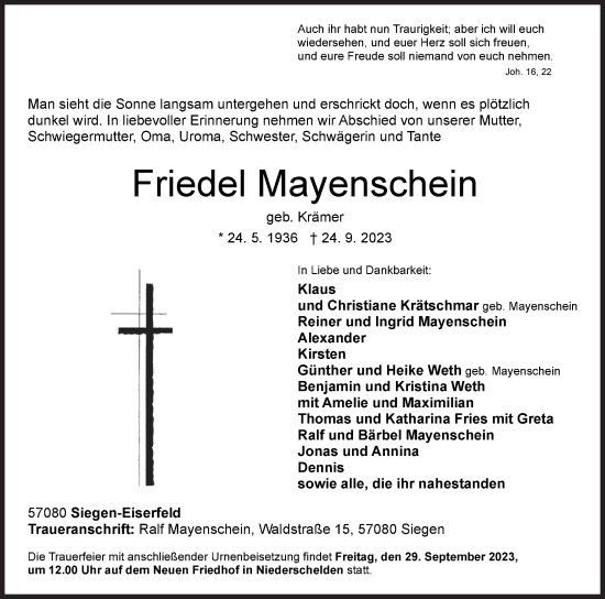 Traueranzeige von Friedel Mayenschein von Siegener Zeitung
